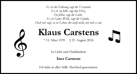 Traueranzeige von Klaus Carstens von Stormaner Tageblatt
