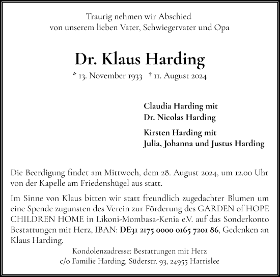 Traueranzeige von Klaus Harding von Flensburger Tageblatt