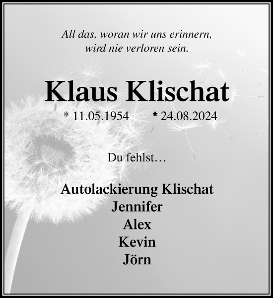 Traueranzeige von Klaus Klischat von Stormaner Tageblatt