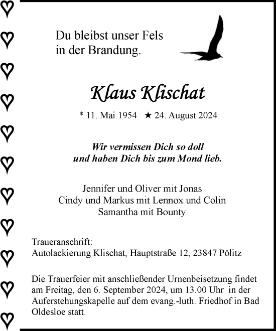 Traueranzeige von Klaus Klischat von Stormaner Tageblatt