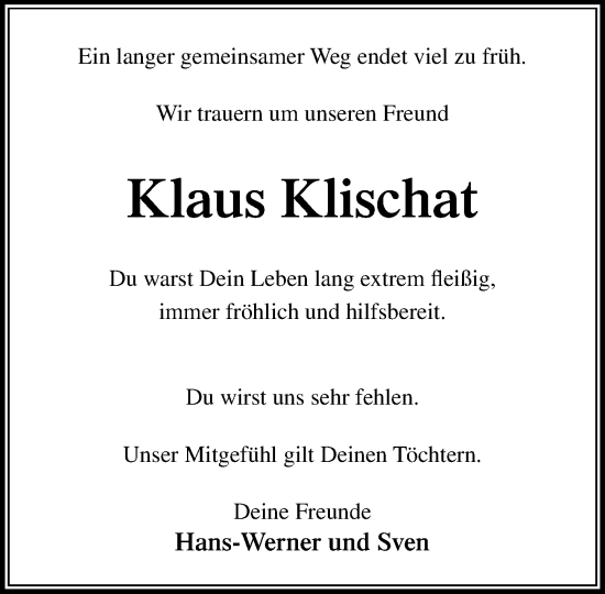 Traueranzeige von Klaus Klischat von Stormaner Tageblatt