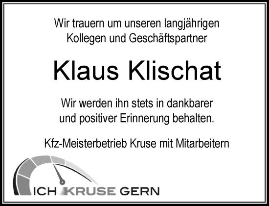 Traueranzeige von Klaus Klischat von Stormaner Tageblatt