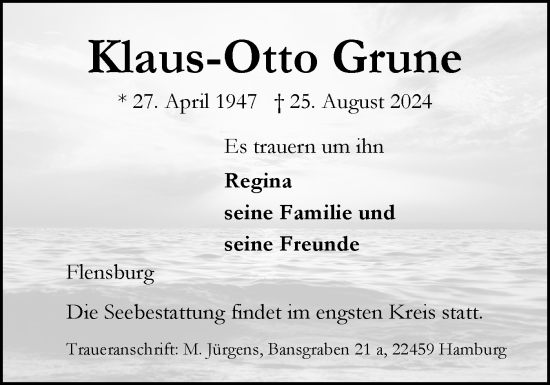 Traueranzeige von Klaus-Otto Grune von Flensburger Tageblatt