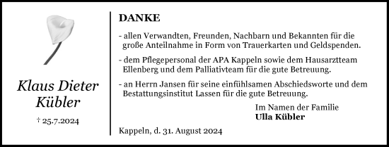 Traueranzeige von Klaus Dieter Kübler von Schleswiger Nachrichten, Schlei-Bote