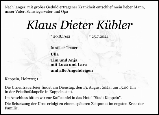 Traueranzeige von Klaus Dieter Kübler von Schleswiger Nachrichten, Schlei-Bote