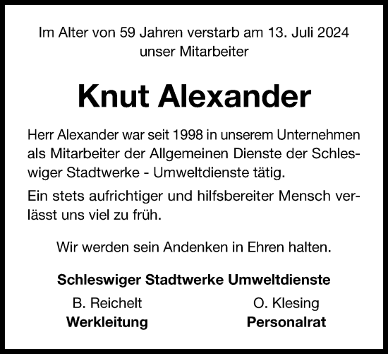 Traueranzeige von Knut Alexander von Schleswiger Nachrichten, Schlei-Bote