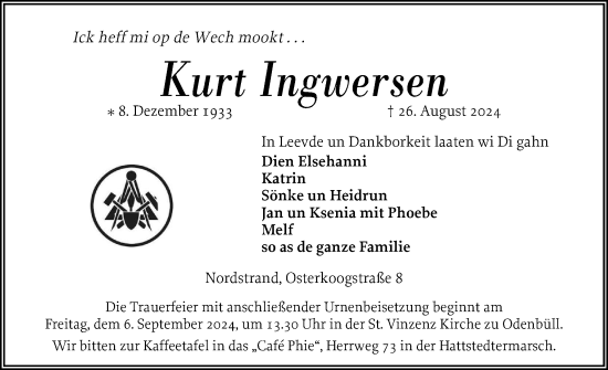 Traueranzeige von Kurt Ingwersen von Husumer Nachrichten, Nordfriesland Tageblatt