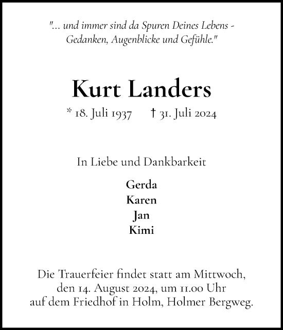 Traueranzeige von Kurt Landers von Wedel-Schulauer Tageblatt, tip Wedel-Schulauer Tageblatt, tip Rissener Rundschau