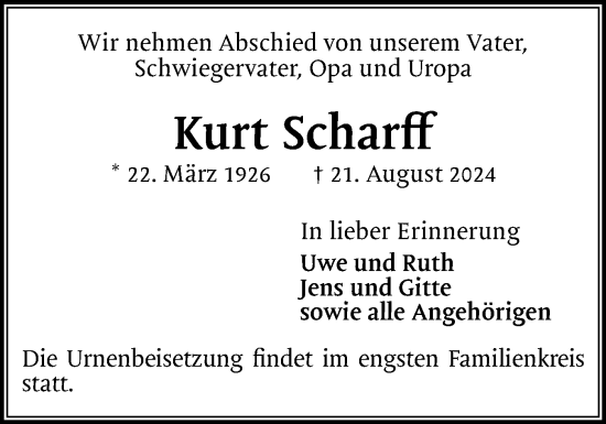 Traueranzeige von Kurt Scharff von Region Pinneberg und tip Pinneberg
