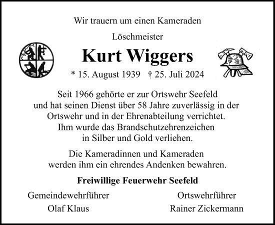 Traueranzeige von Kurt Wiggers von Stormaner Tageblatt