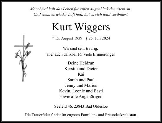 Traueranzeige von Kurt Wiggers von Stormaner Tageblatt