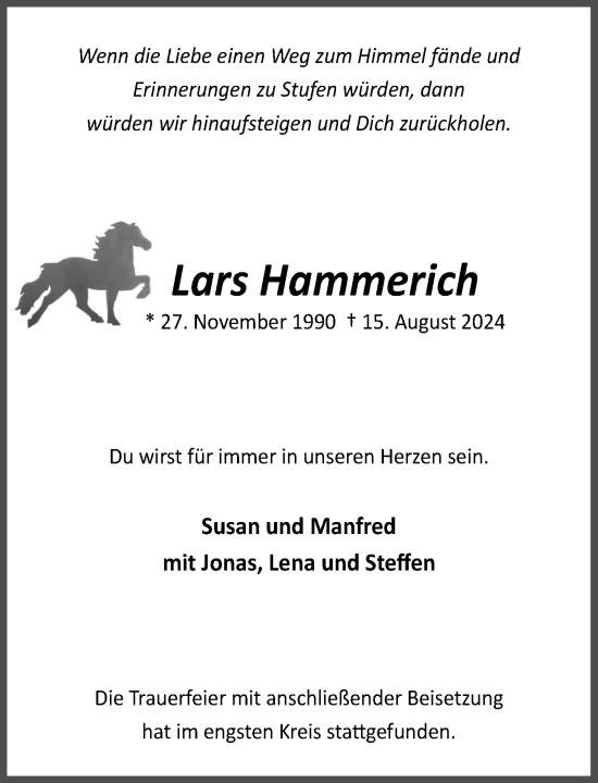 Traueranzeige von Lars Hammerich von Stormaner Tageblatt