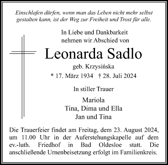 Traueranzeige von Leonarda Sadlo von Stormaner Tageblatt