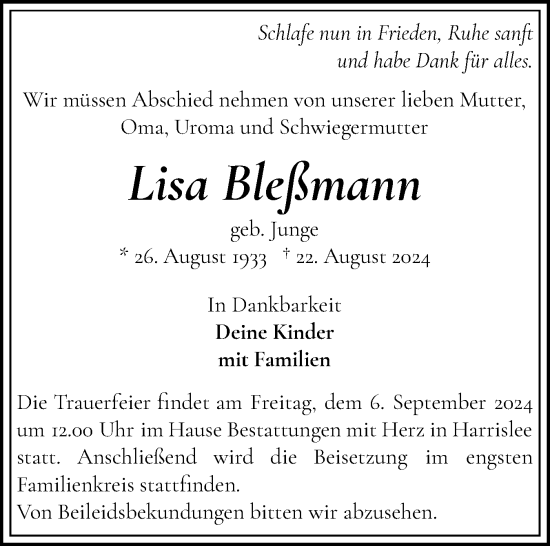 Traueranzeige von Lisa Bleßmann von Flensburger Tageblatt