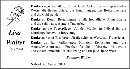 Traueranzeige von Lisa Walter von Schleswig-Holsteinische Landeszeitung
