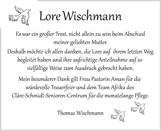 Traueranzeige von Lore Wischmann von Norddeutsche Rundschau, Wilstersche Zeitung, Glückstädter Fortuna