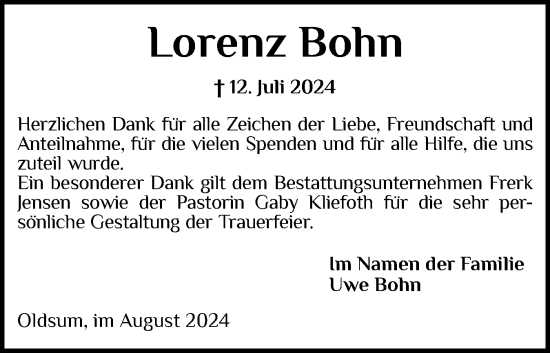 Traueranzeige von Lorenz Bohn von Der Insel-Bote