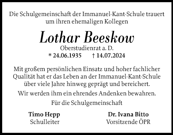 Traueranzeige von Lothar Beeskow von Holsteinischer Courier