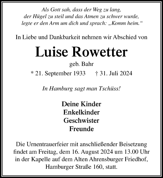 Traueranzeige von Luise Rowetter von Stormaner Tageblatt