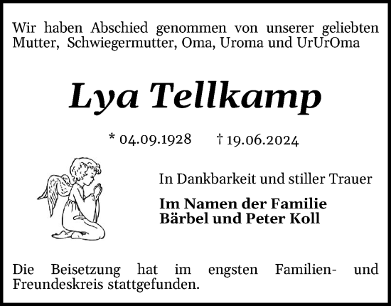 Traueranzeige von Lya Tellkamp von Schleswiger Nachrichten, Schlei-Bote