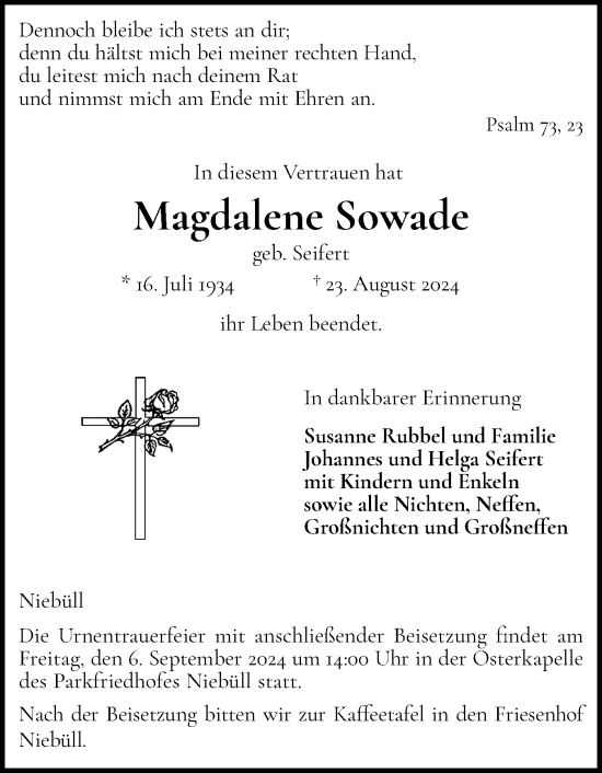Traueranzeige von Magdalene Sowade von Husumer Nachrichten, Nordfriesland Tageblatt