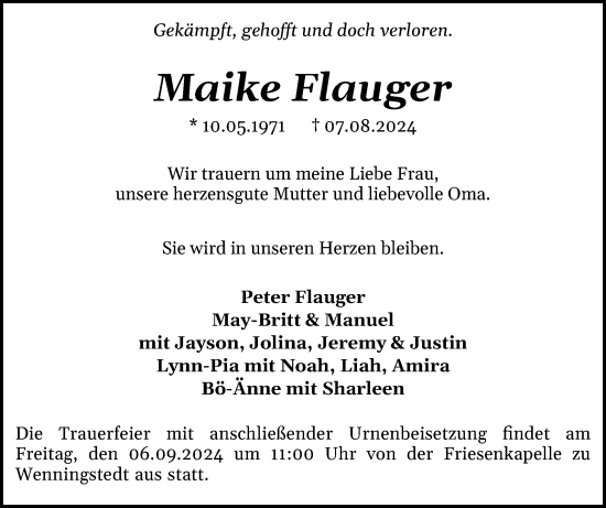 Traueranzeige von Maike Flauger von Sylter Rundschau