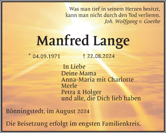 Traueranzeige von Manfred Lange von Schleswig-Holsteinische Landeszeitung