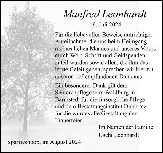Traueranzeige von Manfred Leonhardt von Elmshorner Nachrichten, Barmstedter Zeitung