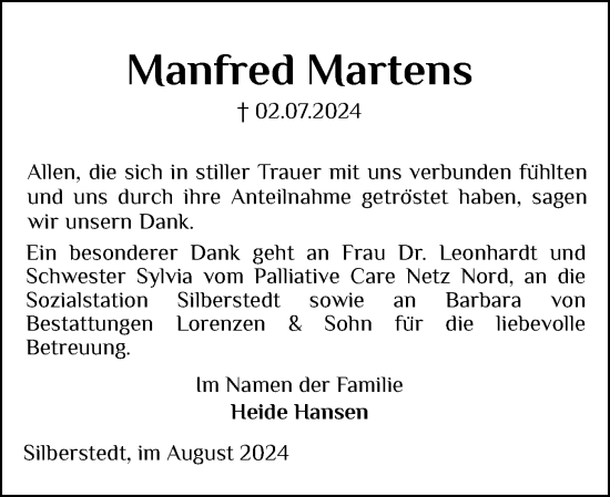 Traueranzeige von Manfred Martens von Schleswiger Nachrichten, Schlei-Bote