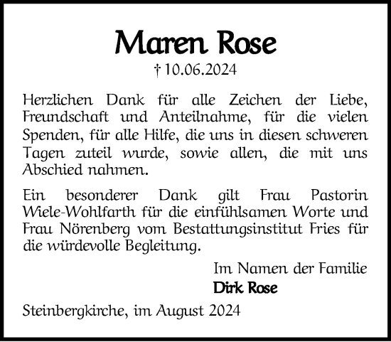 Traueranzeige von Maren Rose von Flensburger Tageblatt