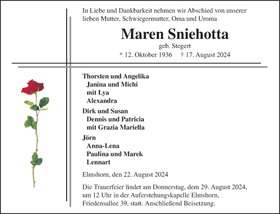 Traueranzeige von Maren Sniehotta von Elmshorner Nachrichten, Barmstedter Zeitung