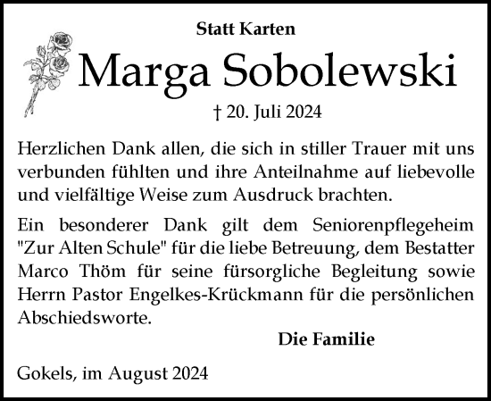 Traueranzeige von Marga Sobolewski von Schleswig-Holsteinische Landeszeitung