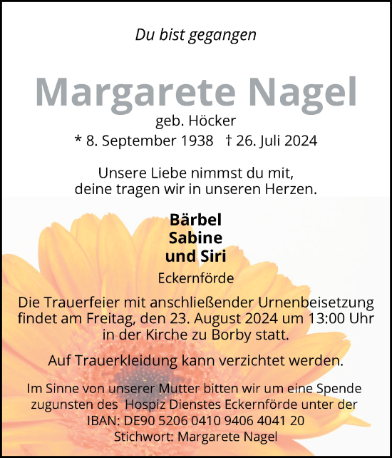Traueranzeige von Margarete Nagel von Eckernförder Zeitung, Hallo Eckernförde
