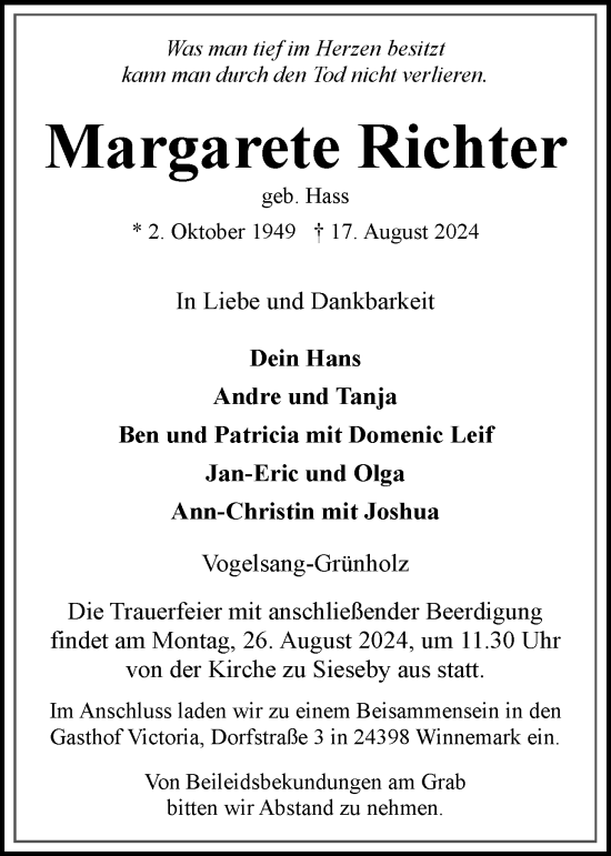 Traueranzeige von Margarete Richter von Eckernförder Zeitung, Hallo Eckernförde