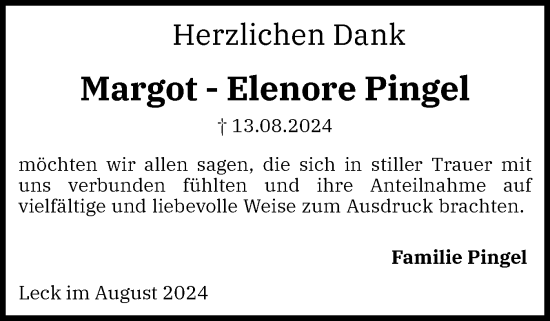 Traueranzeige von Margot-Elenore Pingel von Husumer Nachrichten, Nordfriesland Tageblatt