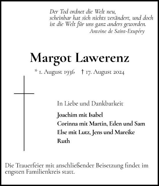 Traueranzeige von Margot Lawerenz von Wedel-Schulauer Tageblatt, tip Wedel-Schulauer Tageblatt, tip Rissener Rundschau