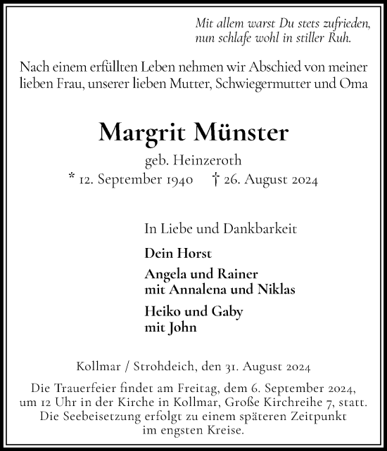 Traueranzeige von Margrit Münster von Elmshorner Nachrichten, Barmstedter Zeitung