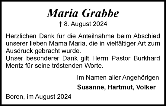 Traueranzeige von Maria Grabbe von Schleswiger Nachrichten, Schlei-Bote