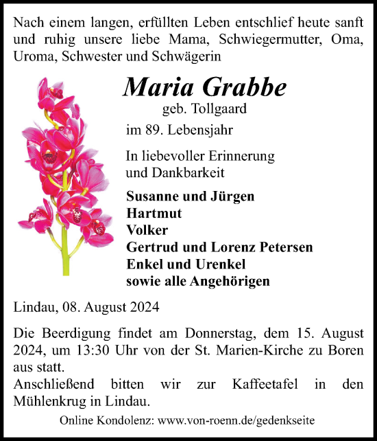 Traueranzeige von Maria Grabbe von Schleswiger Nachrichten, Schlei-Bote
