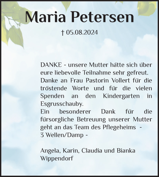 Traueranzeige von Maria Petersen von Flensburger Tageblatt