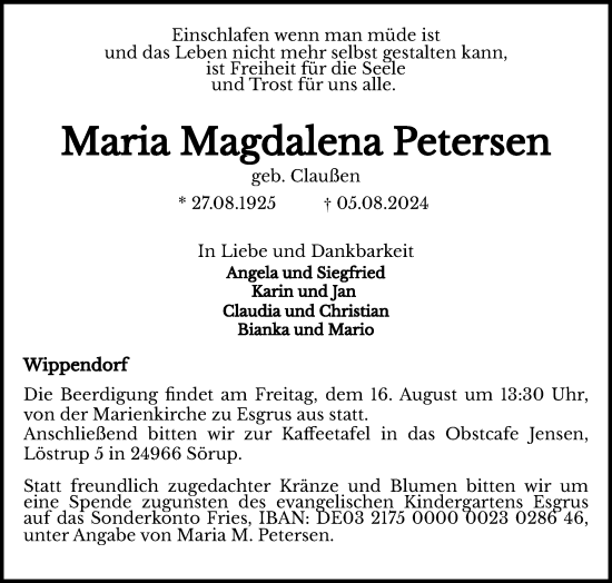 Traueranzeige von Maria Magdalena Petersen von Flensburger Tageblatt