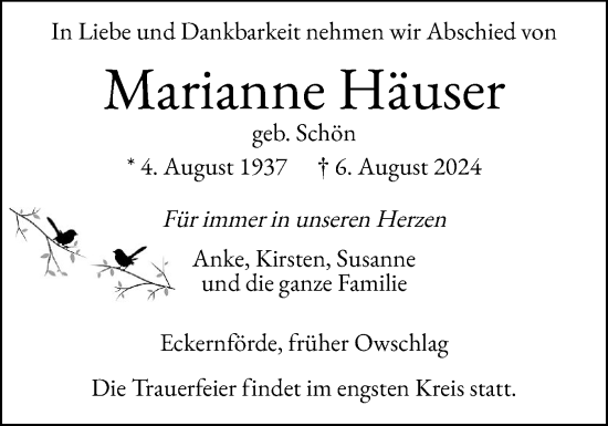 Traueranzeige von Marianne Häuser von Eckernförder Zeitung, Hallo Eckernförde