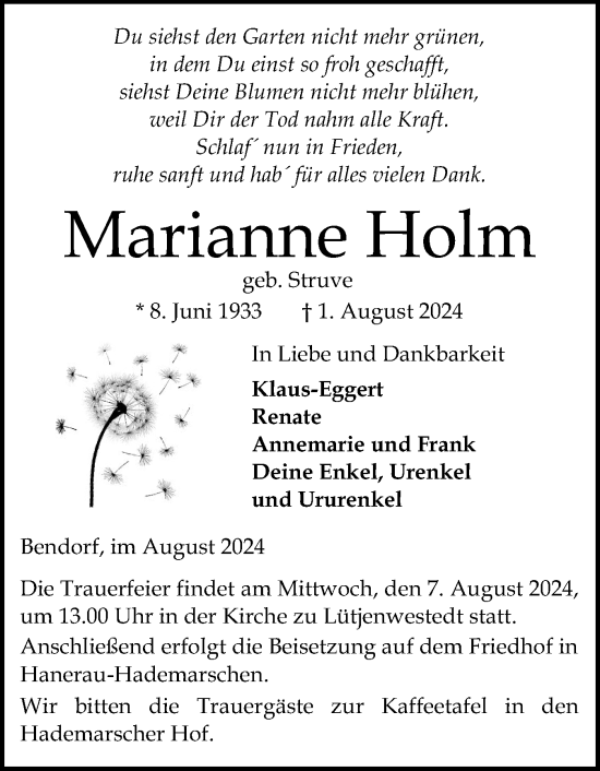 Traueranzeige von Marianne Holm von Schleswig-Holsteinische Landeszeitung