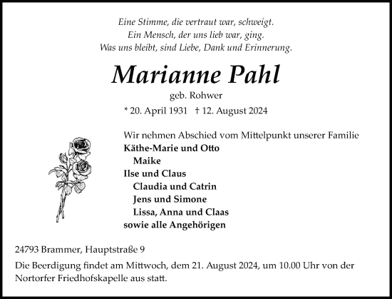 Traueranzeige von Marianne Pahl von Schleswig-Holsteinische Landeszeitung