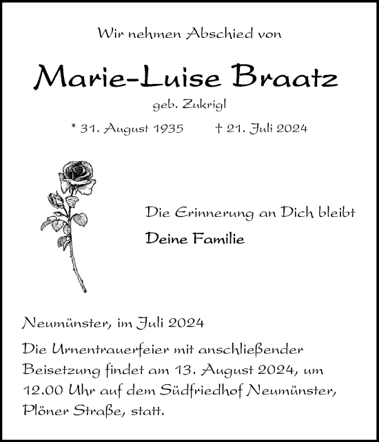 Traueranzeige von Marie-Luise Braatz von Husumer Nachrichten, Nordfriesland Tageblatt