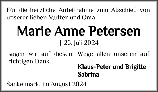Traueranzeige von Marie Anne Petersen von Flensburger Tageblatt