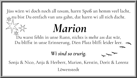 Traueranzeige von Marion  von Husumer Nachrichten, Nordfriesland Tageblatt