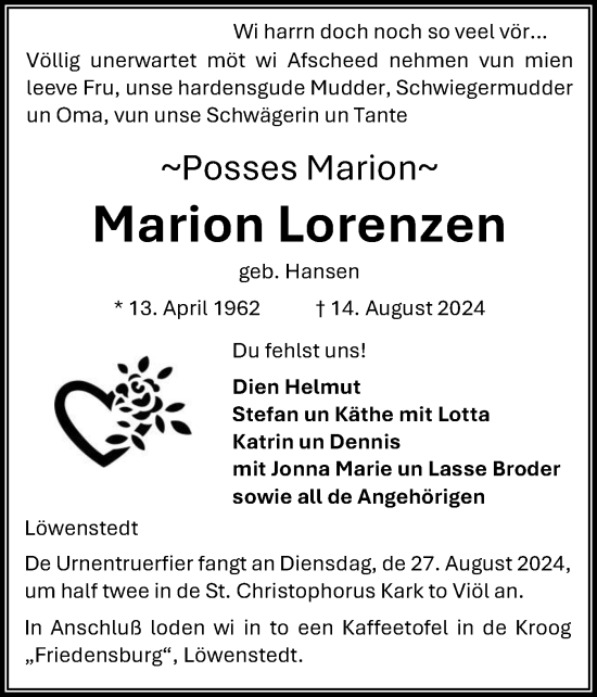 Traueranzeige von Marion Lorenzen von Husumer Nachrichten, Nordfriesland Tageblatt