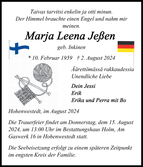 Traueranzeige von Marja Leena Jeßen von Schleswig-Holsteinische Landeszeitung