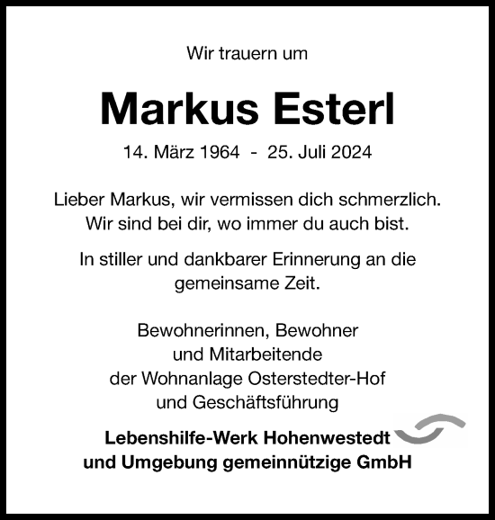 Traueranzeige von Markus Esterl von Schleswig-Holsteinische Landeszeitung
